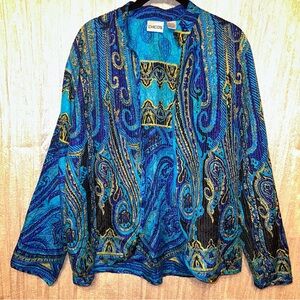 LN Chicos Blue Green Paisley Silk Open Front Jacket Blazer {size 1, M, 8} Chic